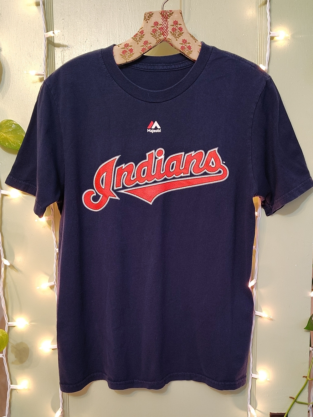 Women's Majestic Cleveland Indians Lindor 12 Blue Red T-shirt L